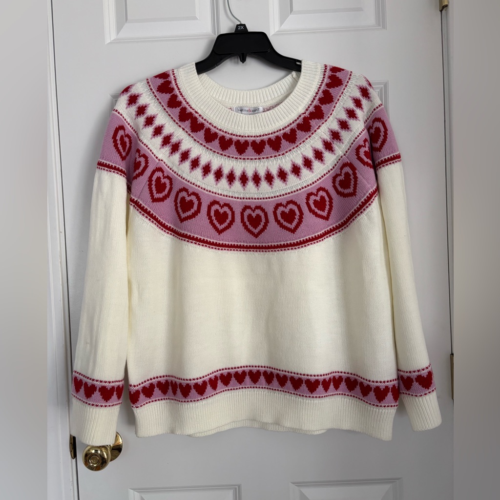Women’s Cream Sweater With Pink And Red Heart Yoke